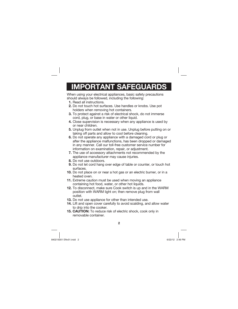 Important safeguards | Proctor-Silex 10 Cup Capacity (Cooked) Rice Cooker-37533N User Manual | Page 2 / 28