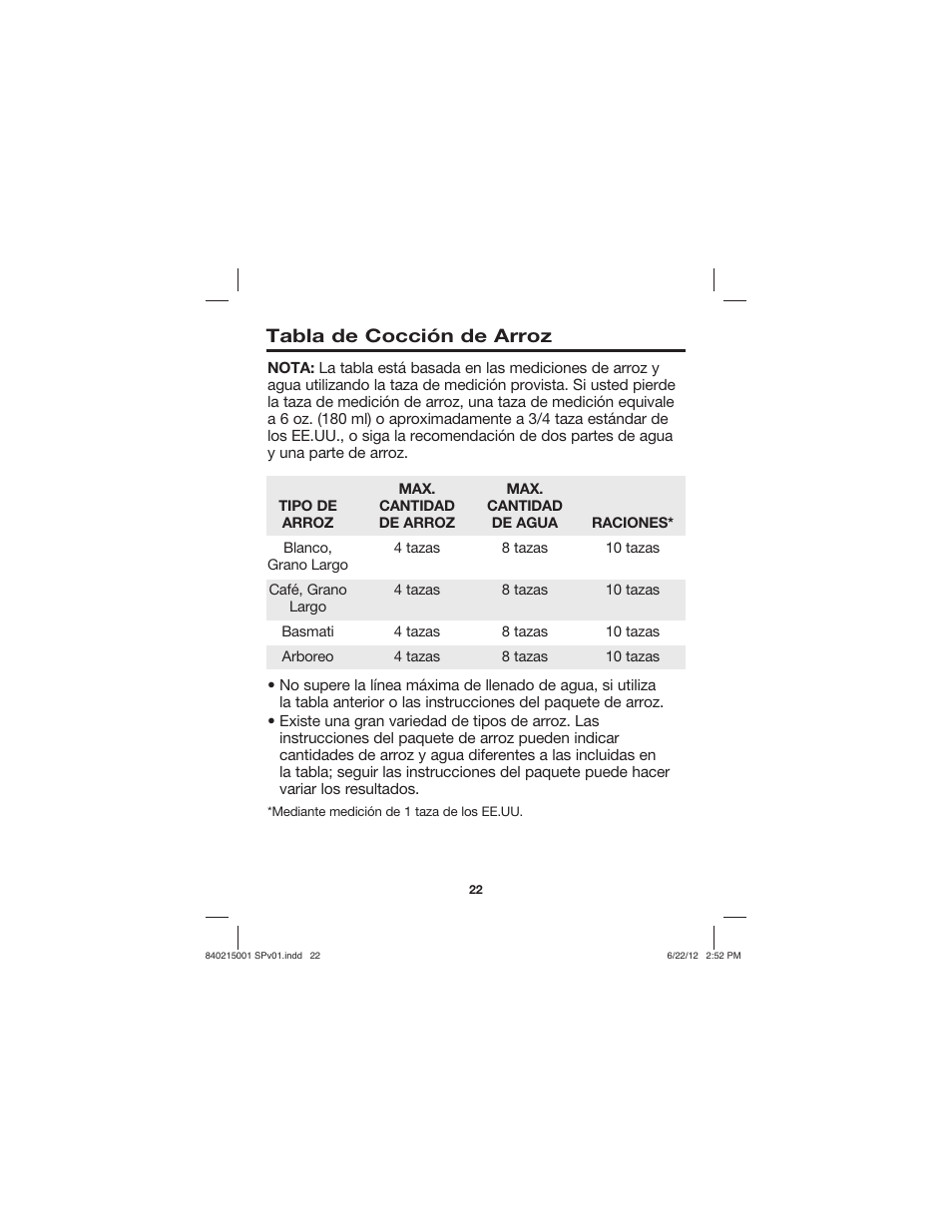 Tabla de cocción de arroz | Proctor-Silex 10 Cup Capacity (Cooked) Rice Cooker-37533N User Manual | Page 22 / 28