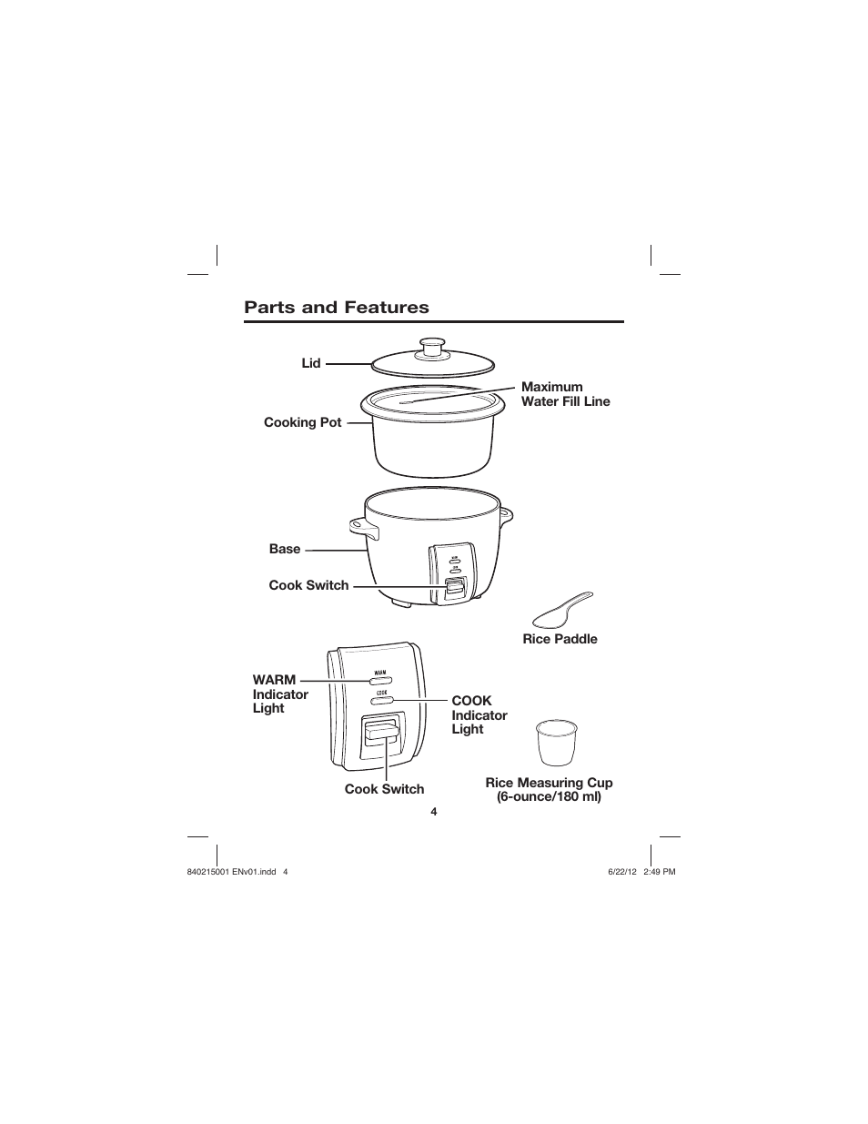 Parts and features | Proctor-Silex 10 Cup Capacity (Cooked) Rice Cooker-37533N User Manual | Page 4 / 28