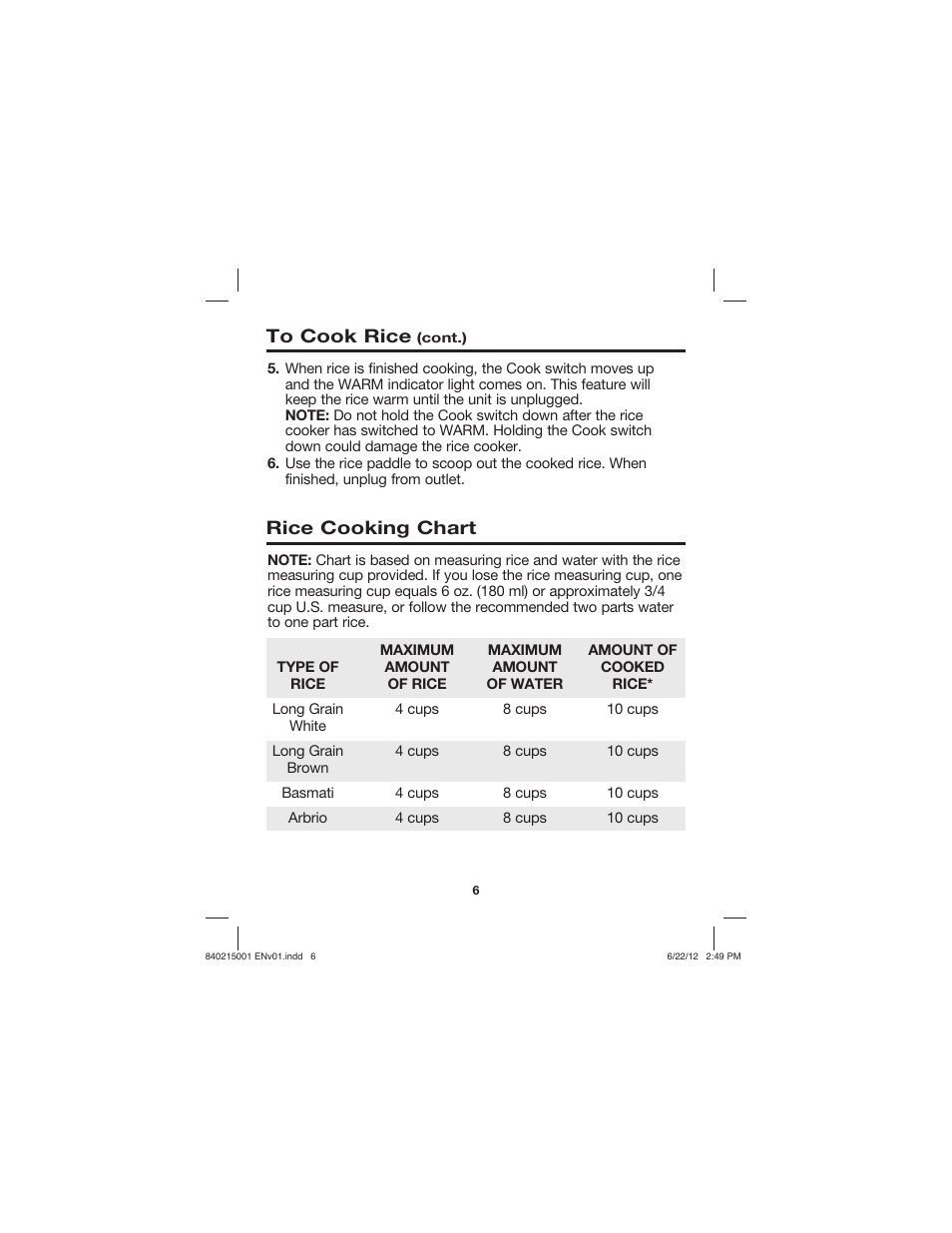 Rice cooking chart | Proctor-Silex 10 Cup Capacity (Cooked) Rice Cooker-37533N User Manual | Page 6 / 28