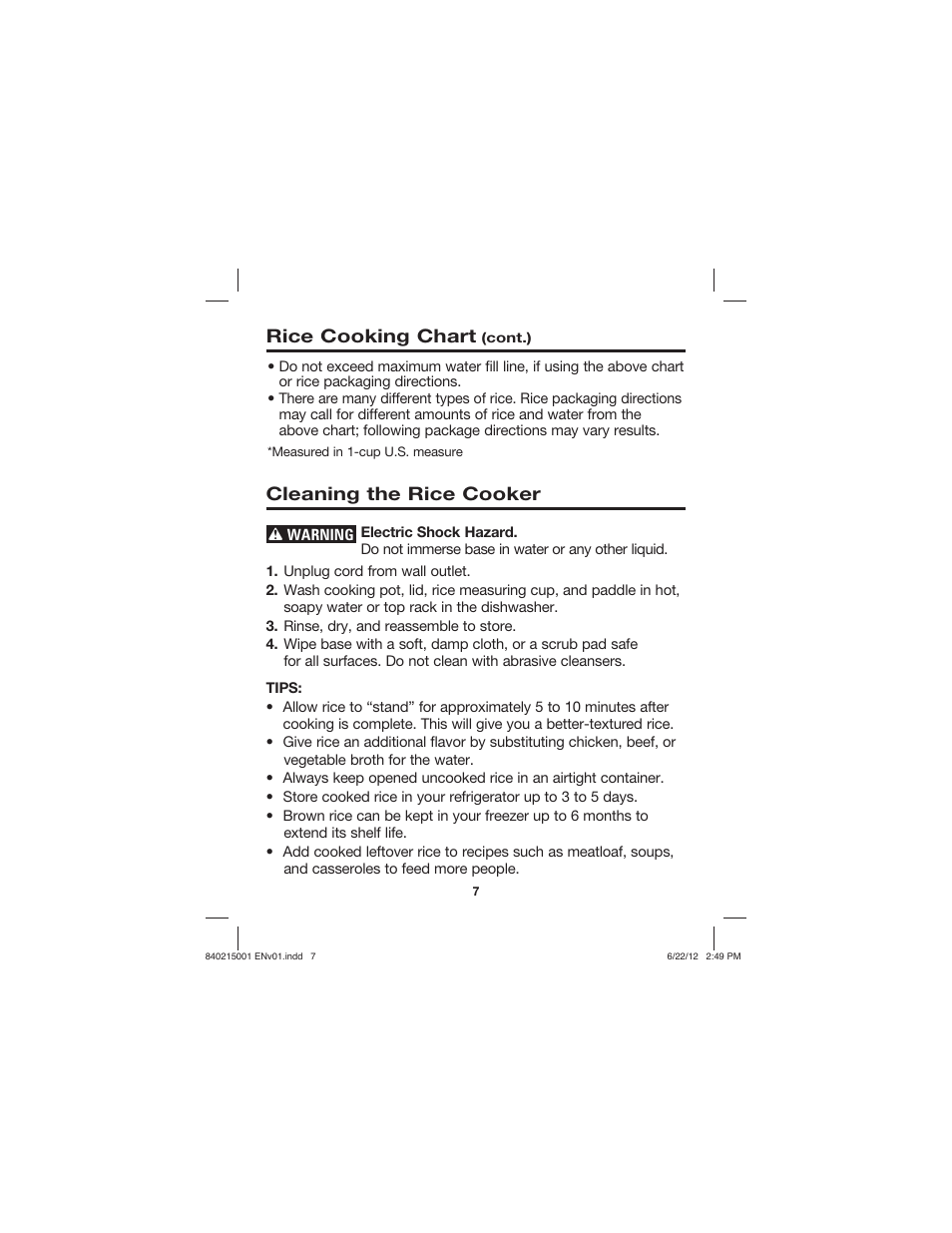 Cleaning the rice cooker, Rice cooking chart | Proctor-Silex 10 Cup Capacity (Cooked) Rice Cooker-37533N User Manual | Page 7 / 28