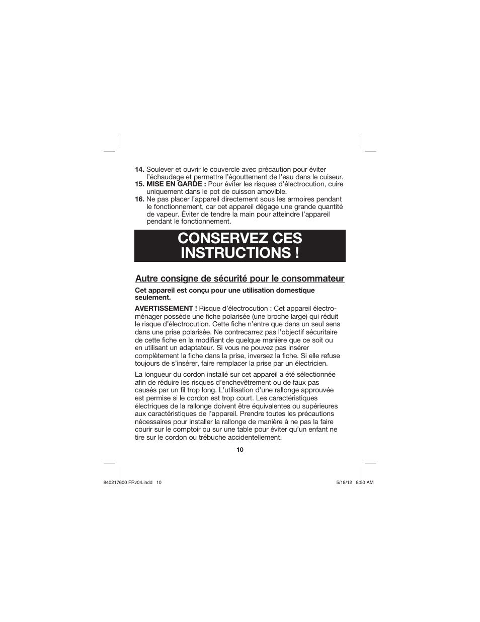 Conservez ces instructions | Proctor-Silex 8 Cup Capacity (Cooked) Rice Cooker-37534N User Manual | Page 10 / 28