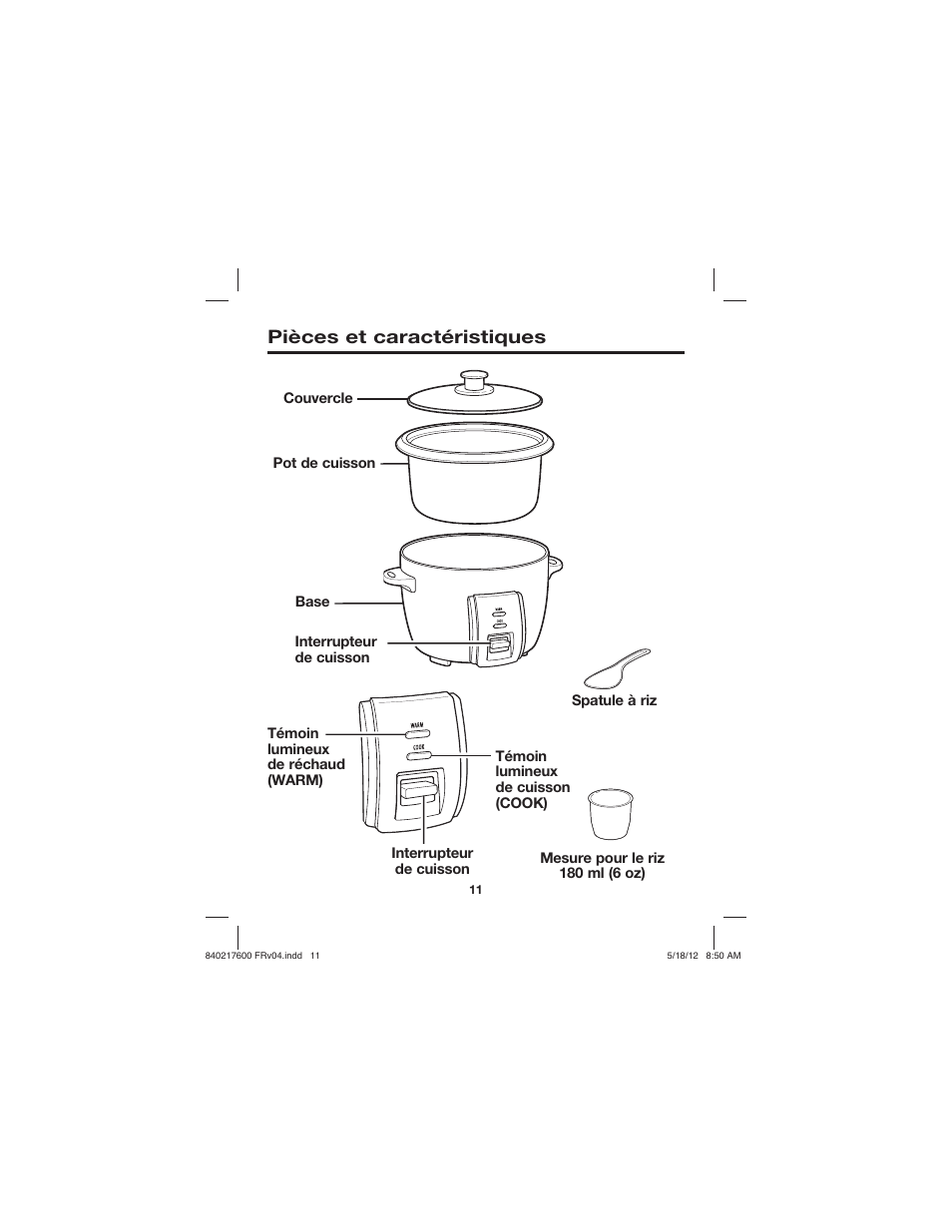 Pièces et caractéristiques | Proctor-Silex 8 Cup Capacity (Cooked) Rice Cooker-37534N User Manual | Page 11 / 28