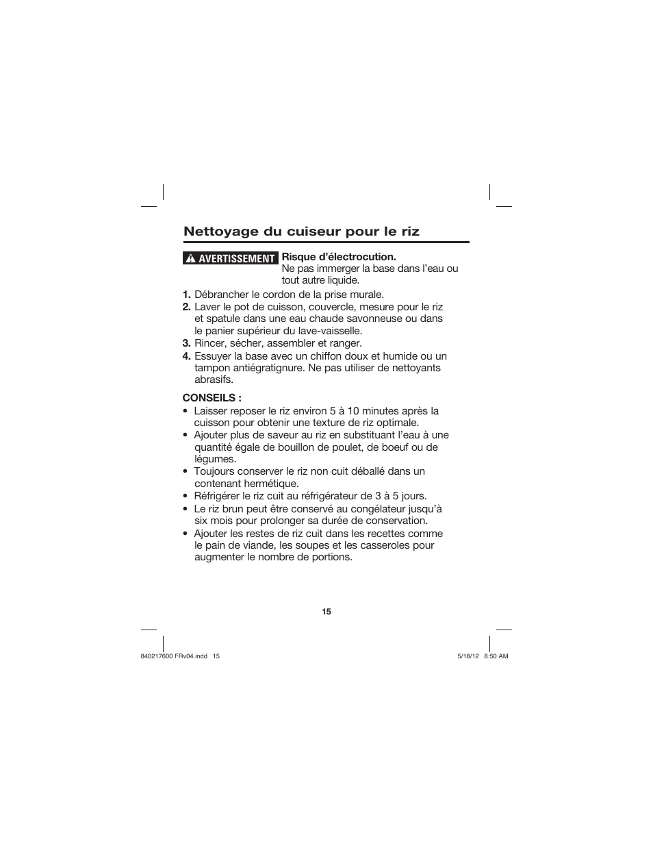 Nettoyage du cuiseur pour le riz | Proctor-Silex 8 Cup Capacity (Cooked) Rice Cooker-37534N User Manual | Page 15 / 28