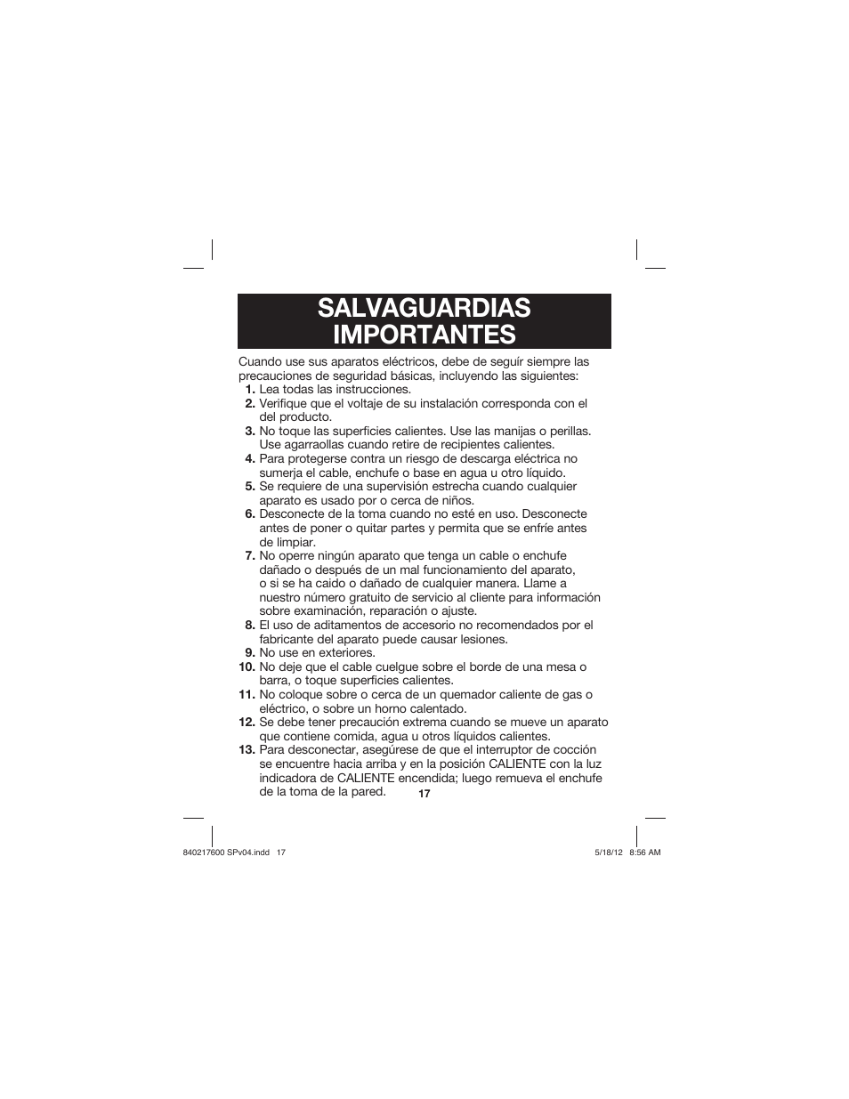 Salvaguardias importantes | Proctor-Silex 8 Cup Capacity (Cooked) Rice Cooker-37534N User Manual | Page 17 / 28