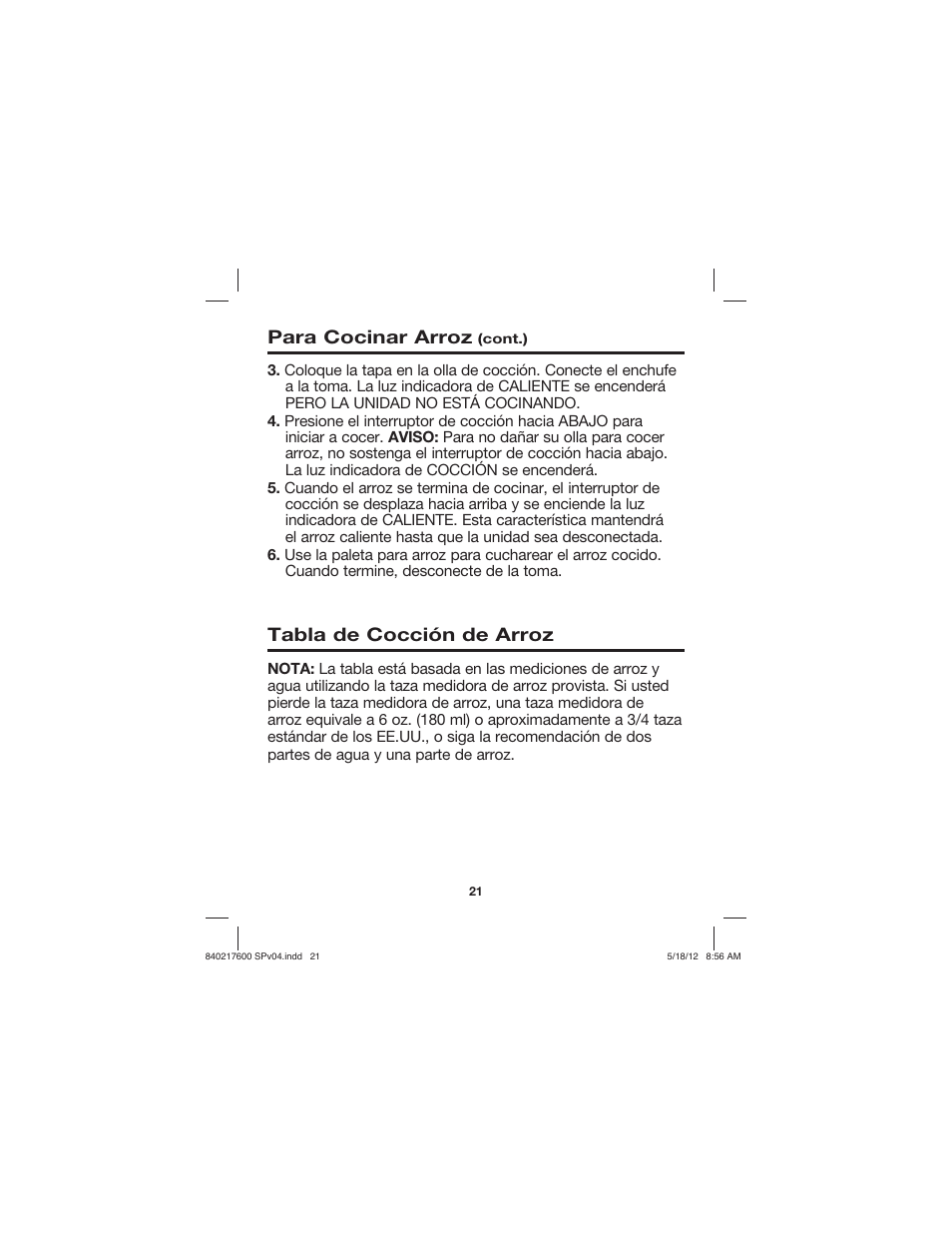 Para cocinar arroz, Tabla de cocción de arroz | Proctor-Silex 8 Cup Capacity (Cooked) Rice Cooker-37534N User Manual | Page 21 / 28