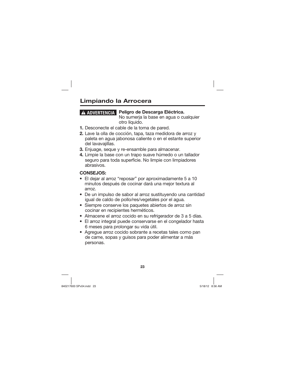 Limpiando la arrocera | Proctor-Silex 8 Cup Capacity (Cooked) Rice Cooker-37534N User Manual | Page 23 / 28