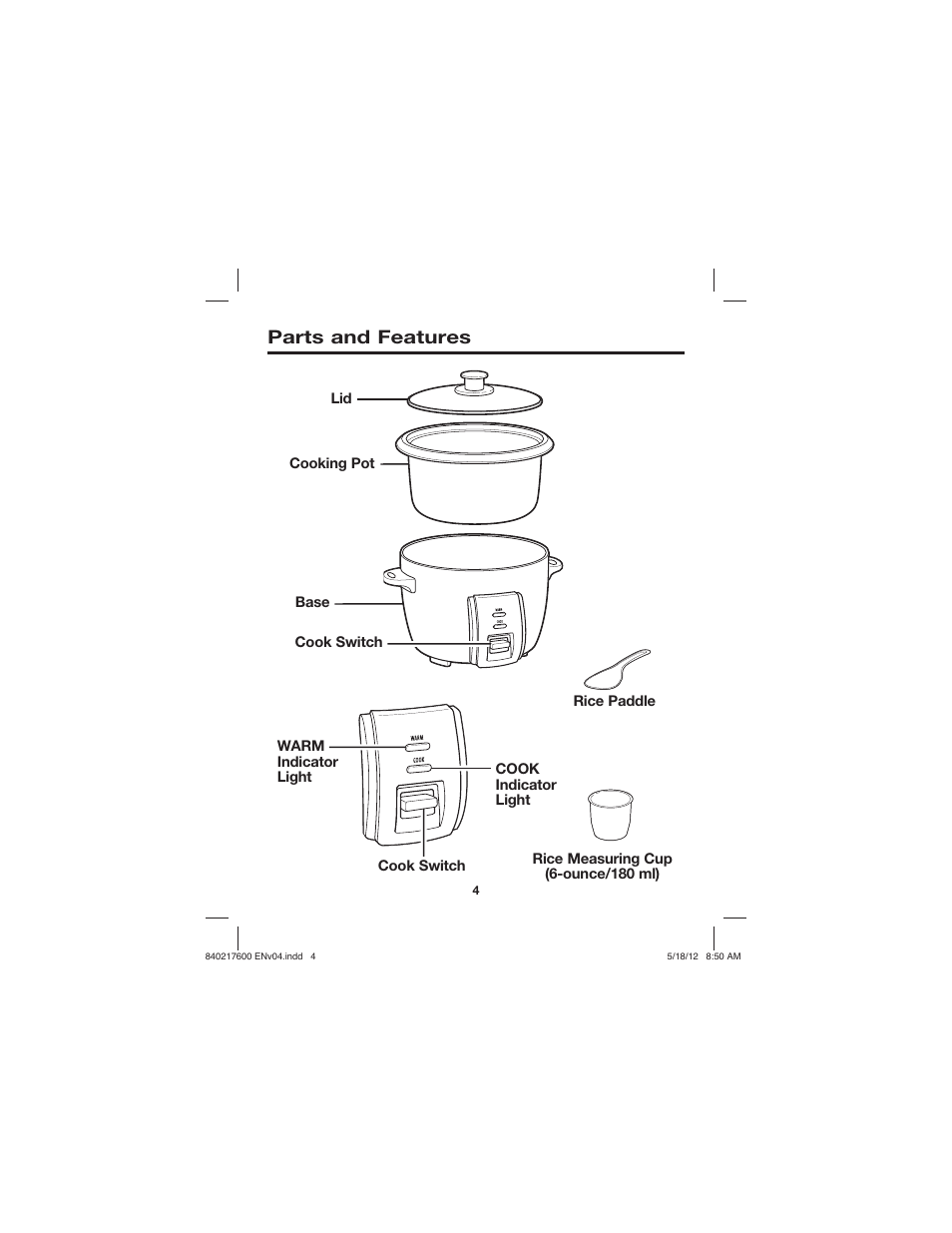 Parts and features | Proctor-Silex 8 Cup Capacity (Cooked) Rice Cooker-37534N User Manual | Page 4 / 28