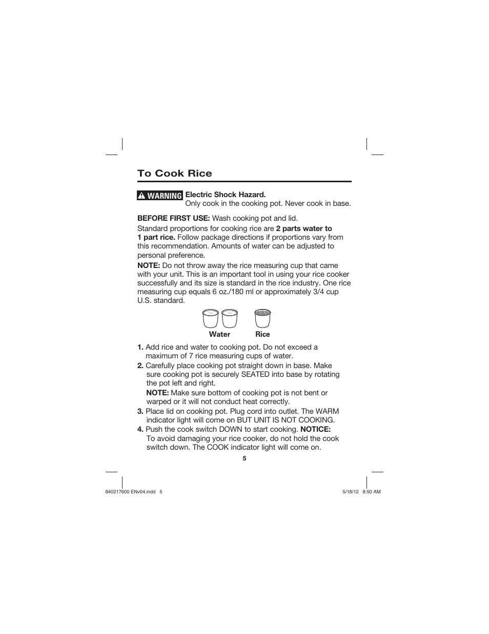 Proctor-Silex 8 Cup Capacity (Cooked) Rice Cooker-37534N User Manual | Page 5 / 28