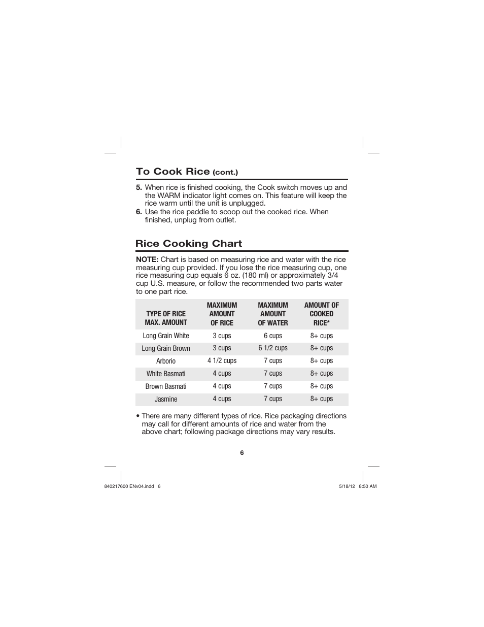 Rice cooking chart to cook rice | Proctor-Silex 8 Cup Capacity (Cooked) Rice Cooker-37534N User Manual | Page 6 / 28
