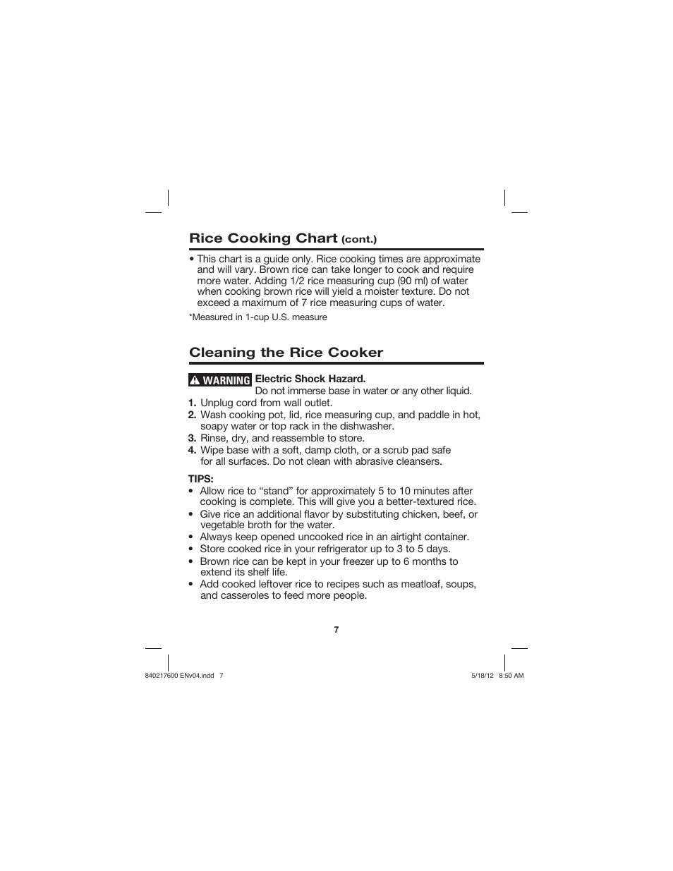 Cleaning the rice cooker rice cooking chart | Proctor-Silex 8 Cup Capacity (Cooked) Rice Cooker-37534N User Manual | Page 7 / 28