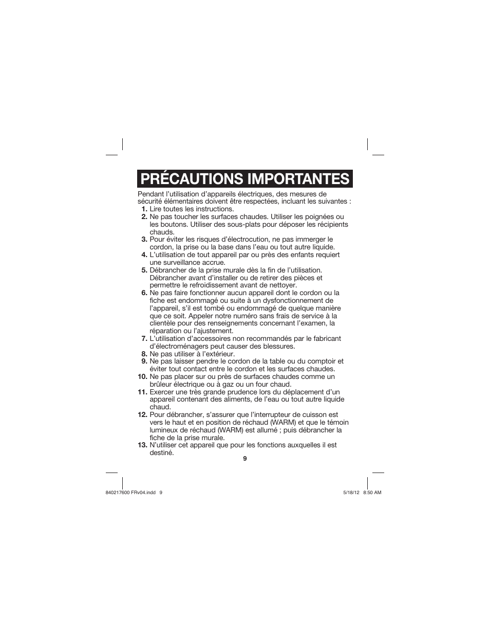 Précautions importantes | Proctor-Silex 8 Cup Capacity (Cooked) Rice Cooker-37534N User Manual | Page 9 / 28