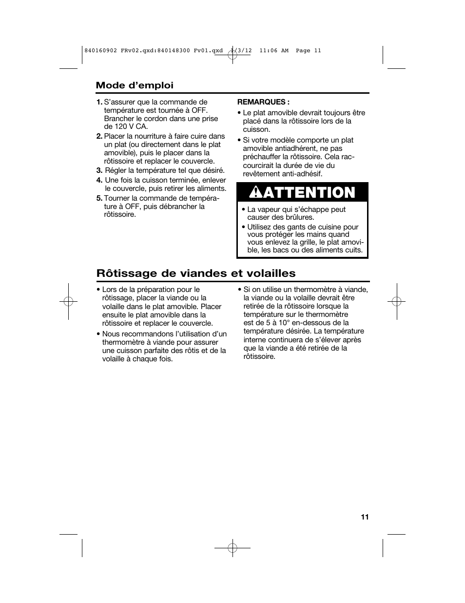 Wattention, Rôtissage de viandes et volailles | Proctor-Silex 6 1/2 Quart Roaster Oven-32700Y User Manual | Page 11 / 24