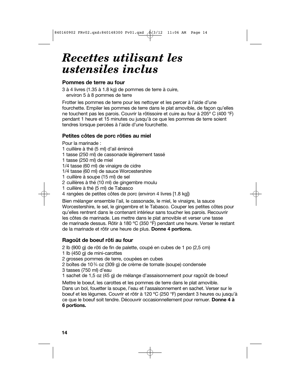 Recettes utilisant les ustensiles inclus | Proctor-Silex 6 1/2 Quart Roaster Oven-32700Y User Manual | Page 14 / 24
