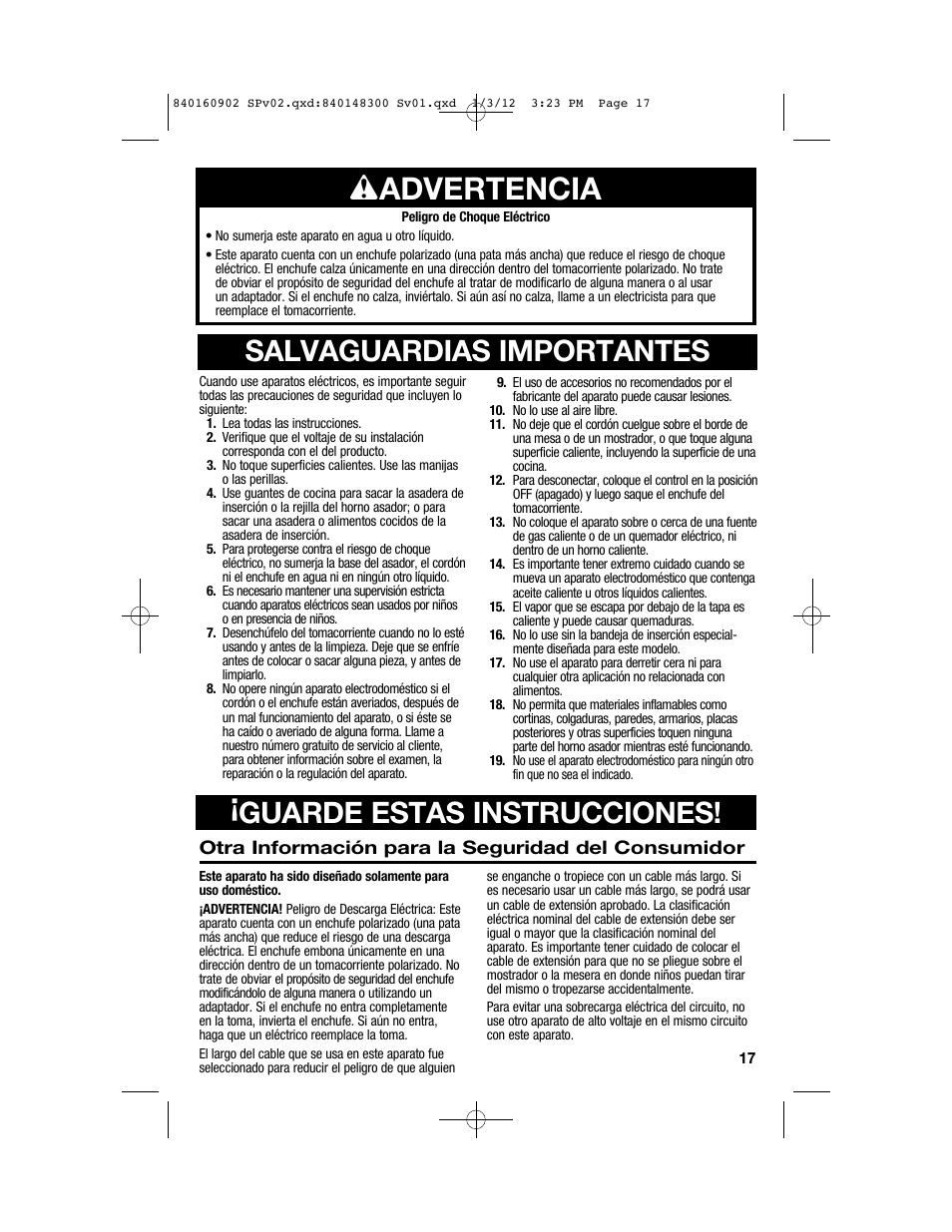 Wadvertencia, Salvaguardias importantes, Guarde estas instrucciones | Proctor-Silex 6 1/2 Quart Roaster Oven-32700Y User Manual | Page 17 / 24