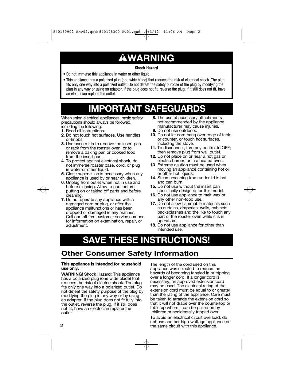 Wwarning, Important safeguards save these instructions, Other consumer safety information | Proctor-Silex 6 1/2 Quart Roaster Oven-32700Y User Manual | Page 2 / 24