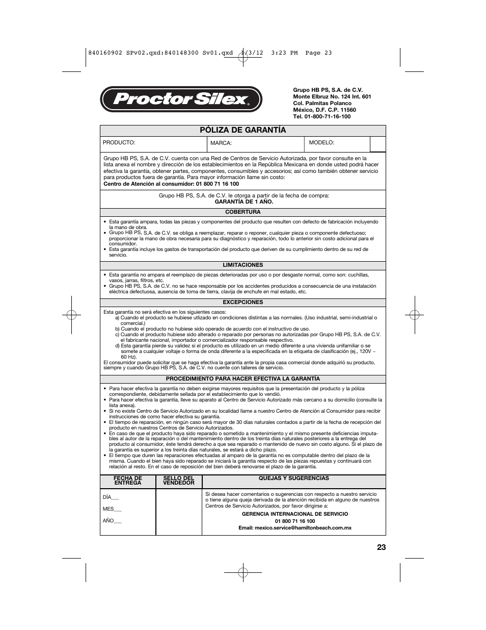 Póliza de garantía | Proctor-Silex 6 1/2 Quart Roaster Oven-32700Y User Manual | Page 23 / 24