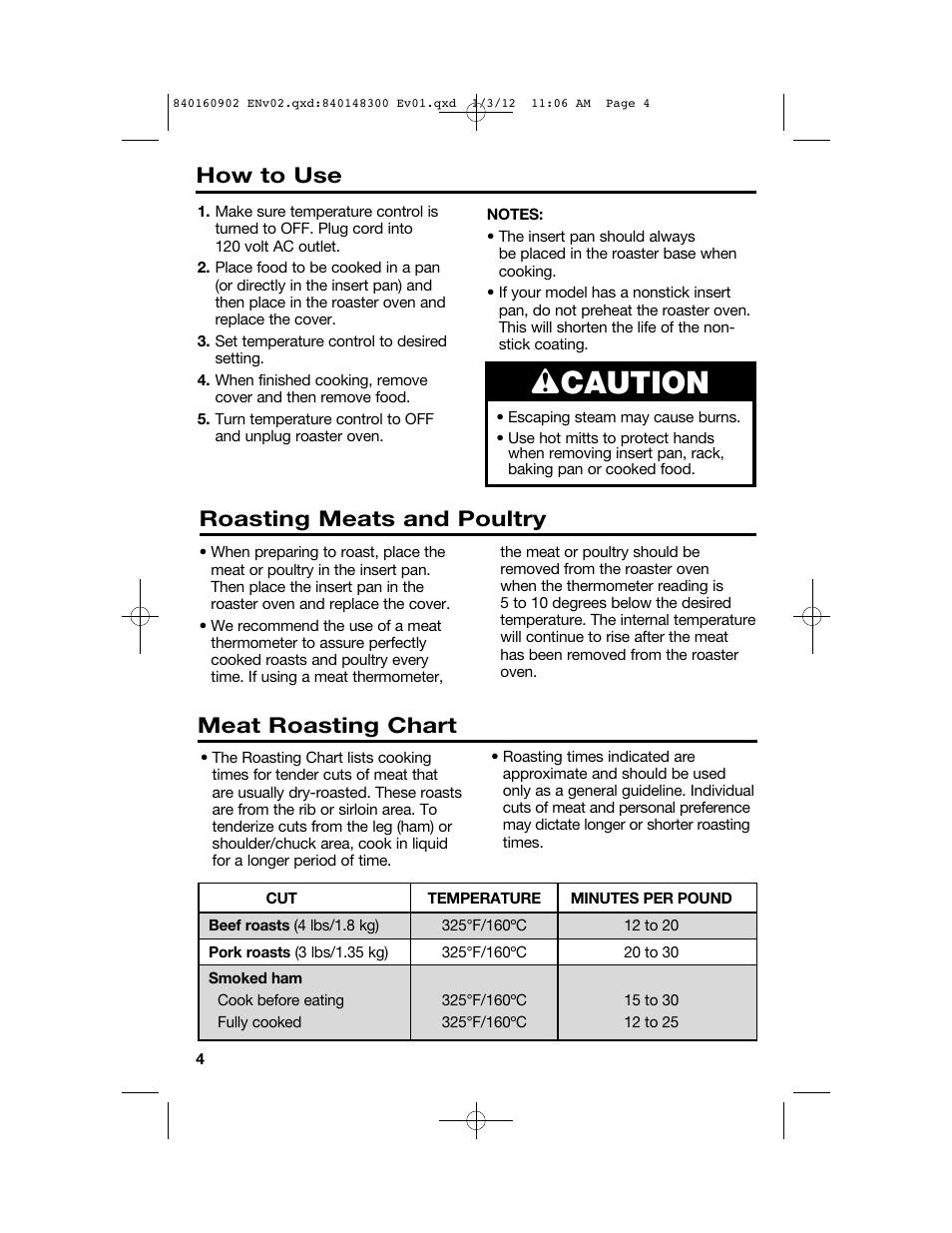 Wcaution, Roasting meats and poultry how to use, Meat roasting chart | Proctor-Silex 6 1/2 Quart Roaster Oven-32700Y User Manual | Page 4 / 24