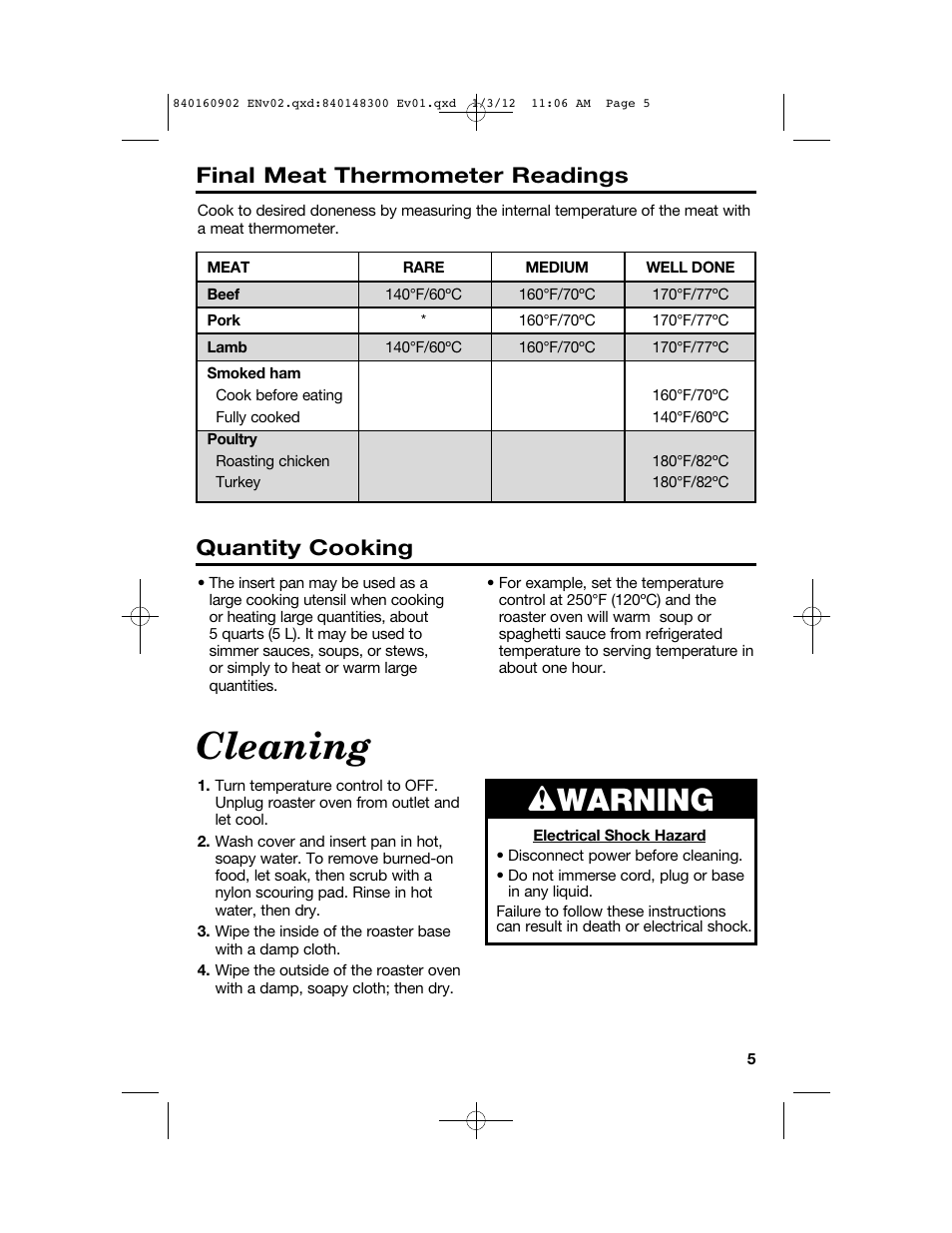 Cleaning, Wwarning, Final meat thermometer readings | Quantity cooking | Proctor-Silex 6 1/2 Quart Roaster Oven-32700Y User Manual | Page 5 / 24