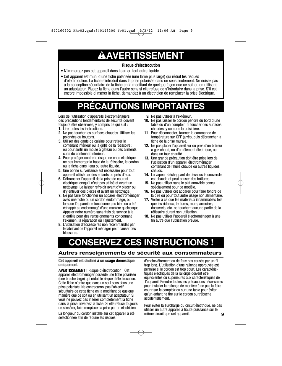 Wavertissement, Précautions importantes conservez ces instructions | Proctor-Silex 6 1/2 Quart Roaster Oven-32700Y User Manual | Page 9 / 24