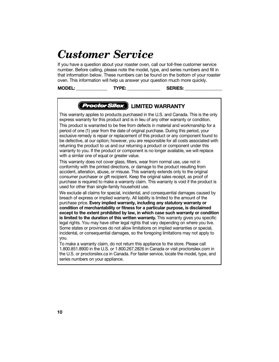 Customer service | Proctor-Silex 18 Quart Roaster Oven-32190Y User Manual | Page 10 / 32