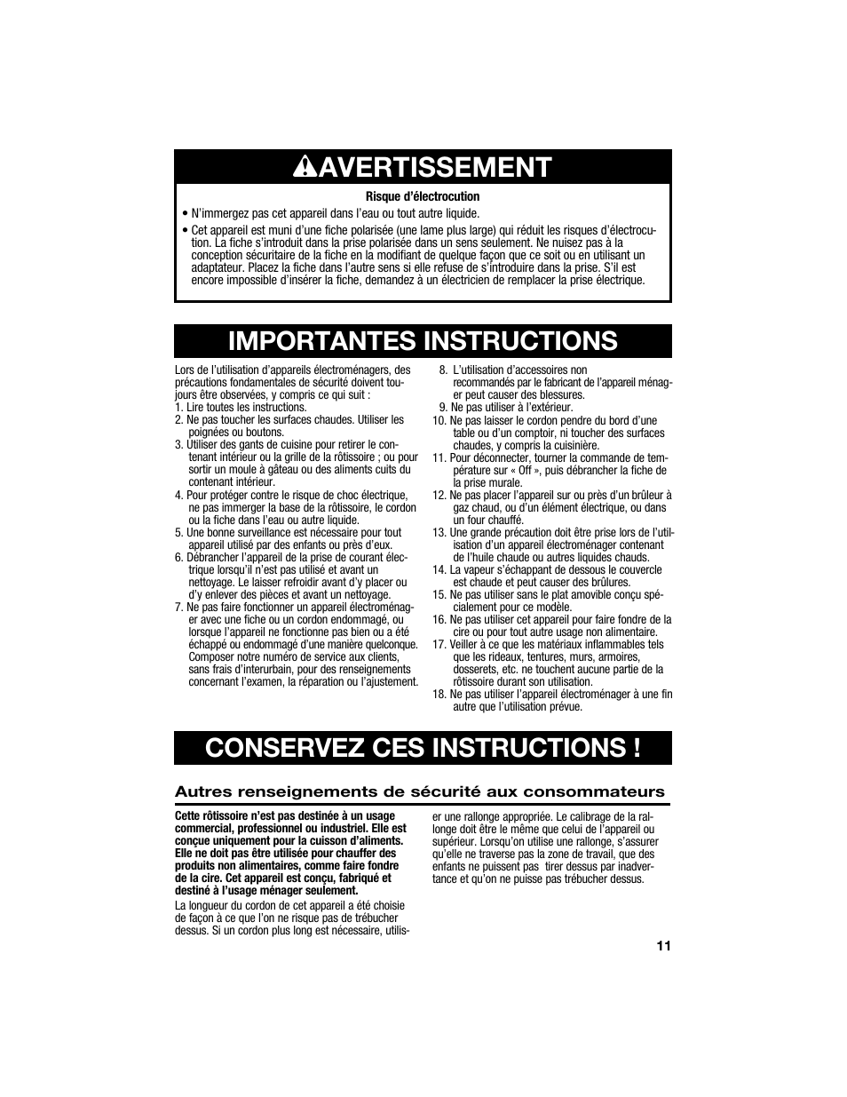 Wavertissement | Proctor-Silex 18 Quart Roaster Oven-32190Y User Manual | Page 11 / 32