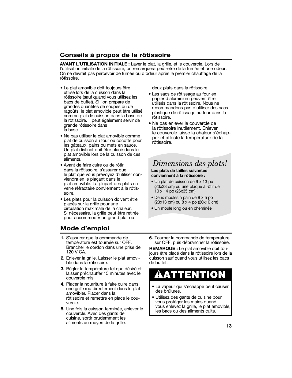 Wattention, Dimensions des plats, Conseils à propos de la rôtissoire | Mode d’emploi | Proctor-Silex 18 Quart Roaster Oven-32190Y User Manual | Page 13 / 32