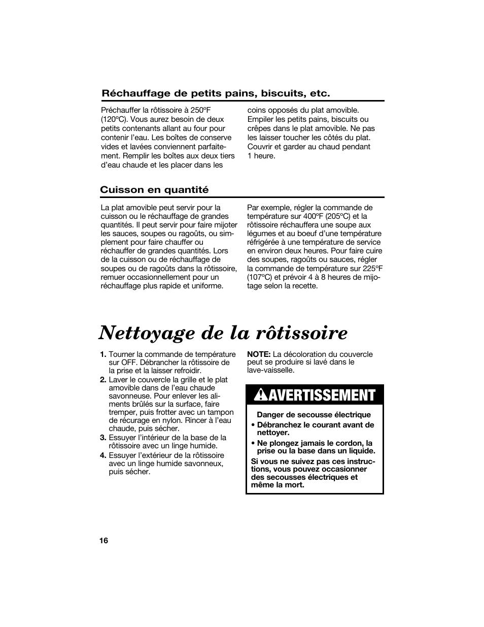 Nettoyage de la rôtissoire, Wavertissement | Proctor-Silex 18 Quart Roaster Oven-32190Y User Manual | Page 16 / 32