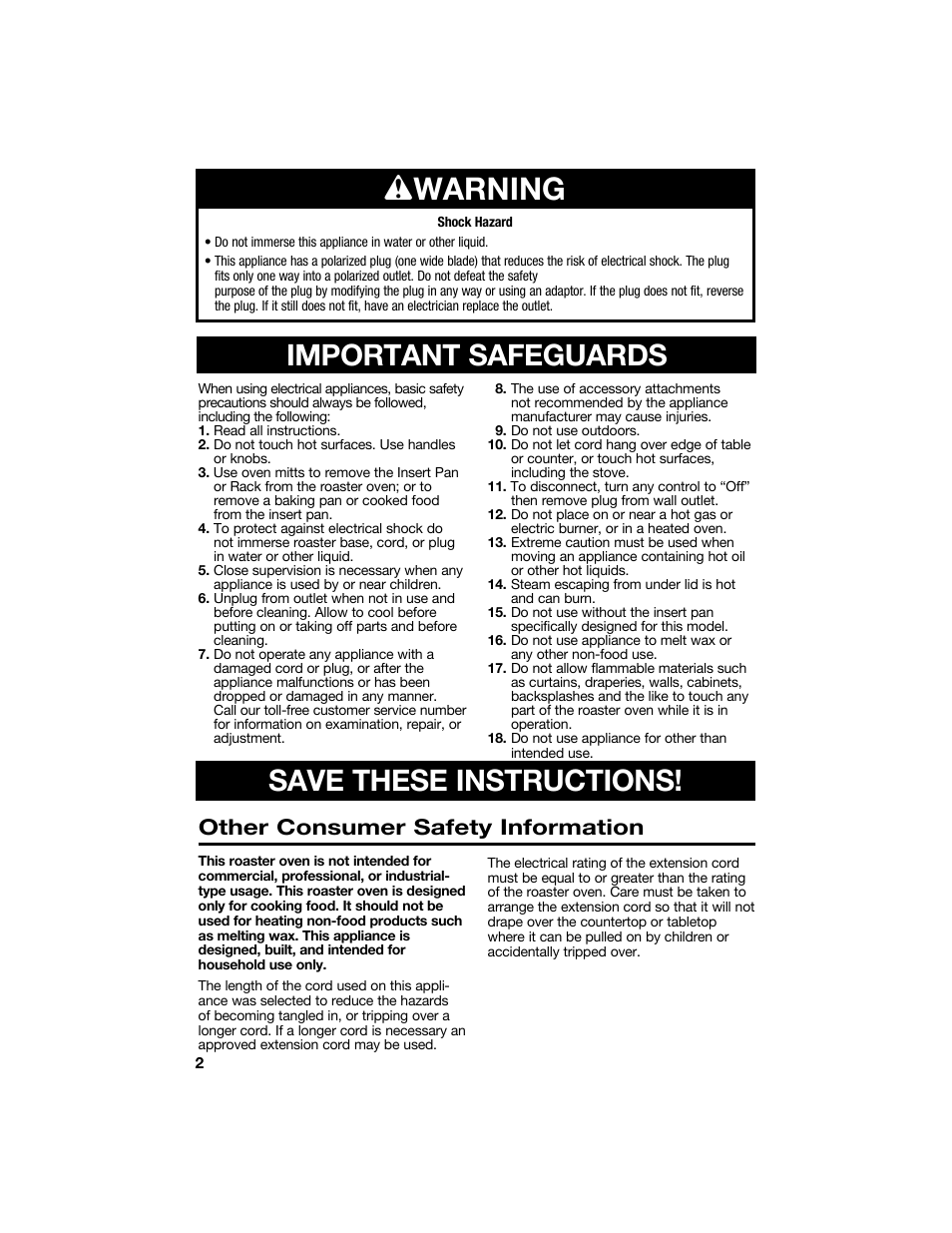 Wwarning, Important safeguards save these instructions, Other consumer safety information | Proctor-Silex 18 Quart Roaster Oven-32190Y User Manual | Page 2 / 32