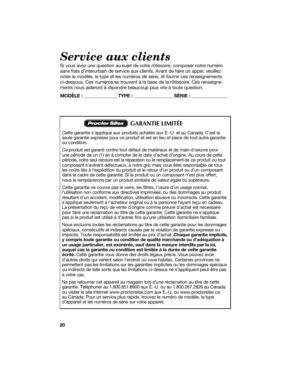 Service aux clients, Garantie limitée | Proctor-Silex 18 Quart Roaster Oven-32190Y User Manual | Page 20 / 32