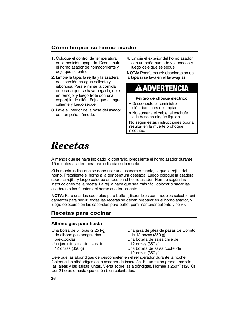 Recetas, Wadvertencia | Proctor-Silex 18 Quart Roaster Oven-32190Y User Manual | Page 26 / 32