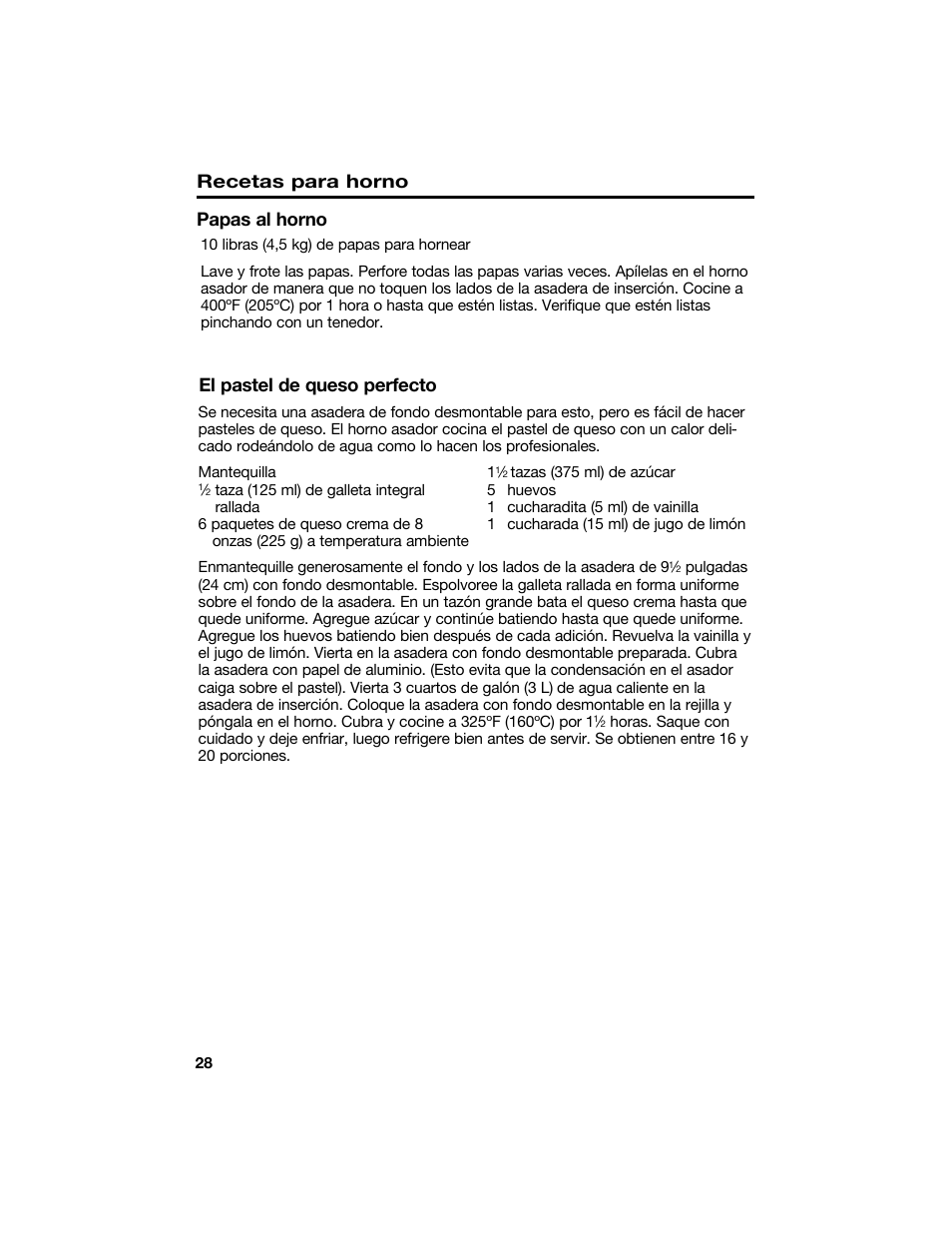 Papas al horno recetas para horno, El pastel de queso perfecto | Proctor-Silex 18 Quart Roaster Oven-32190Y User Manual | Page 28 / 32