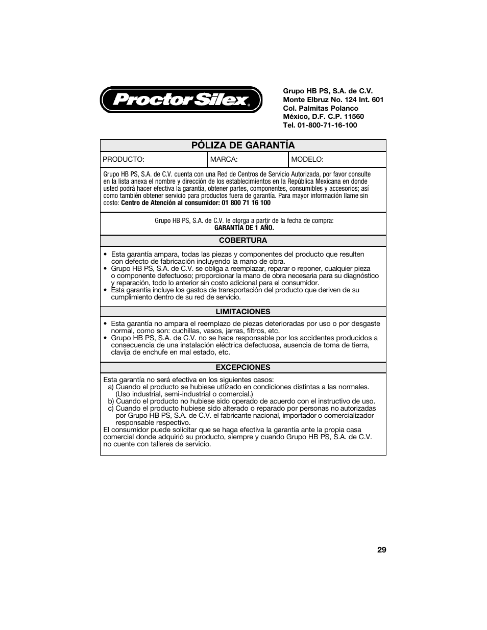 Póliza de garantía | Proctor-Silex 18 Quart Roaster Oven-32190Y User Manual | Page 29 / 32