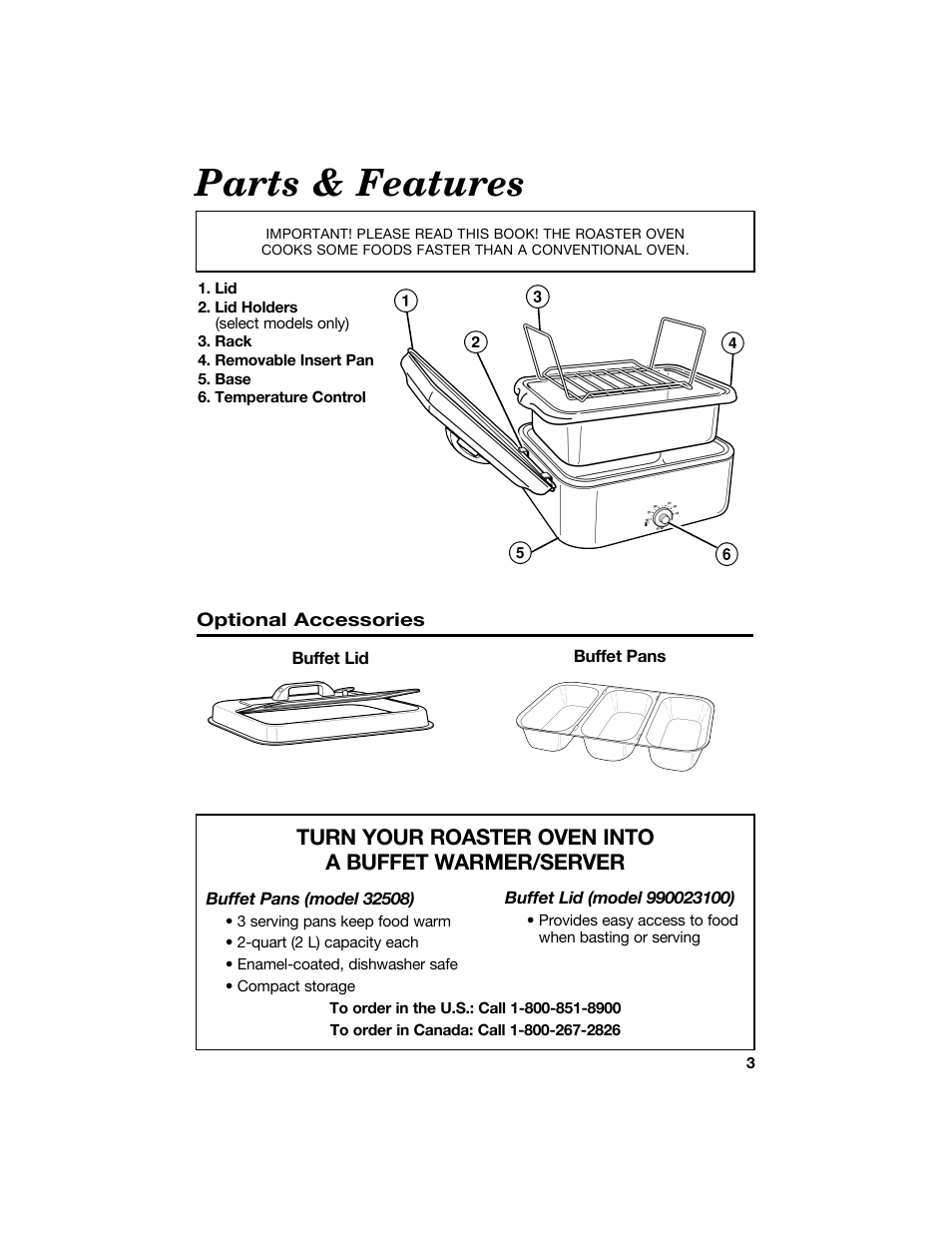 Parts & features, Turn your roaster oven into a buffet warmer/server | Proctor-Silex 18 Quart Roaster Oven-32190Y User Manual | Page 3 / 32