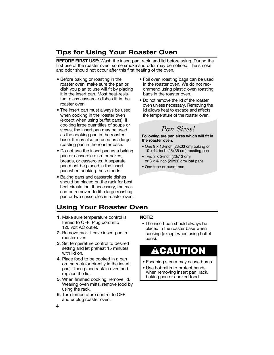 Wcaution, Pan sizes, Using your roaster oven | Tips for using your roaster oven | Proctor-Silex 18 Quart Roaster Oven-32190Y User Manual | Page 4 / 32