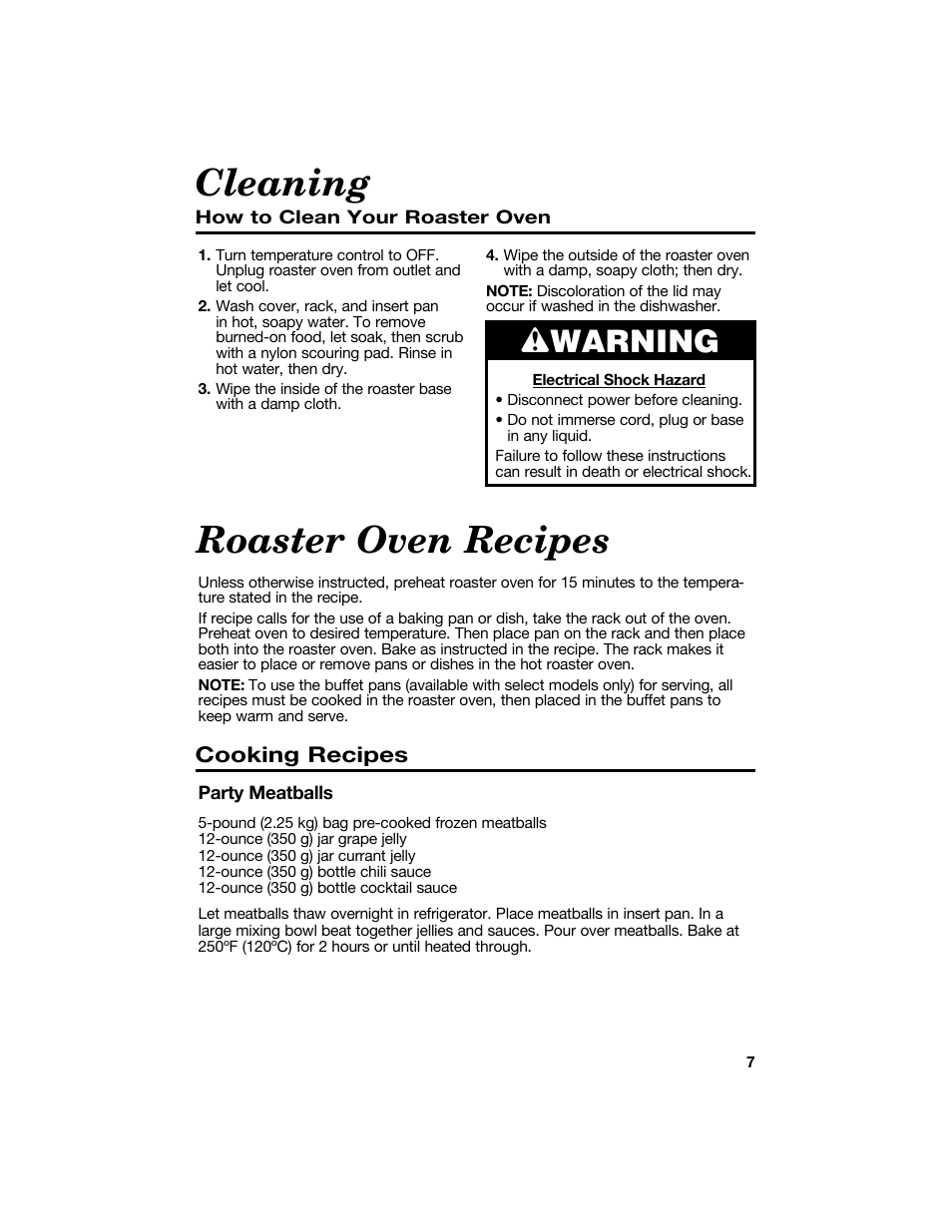 Cleaning, Roaster oven recipes, Wwarning | Cooking recipes | Proctor-Silex 18 Quart Roaster Oven-32190Y User Manual | Page 7 / 32