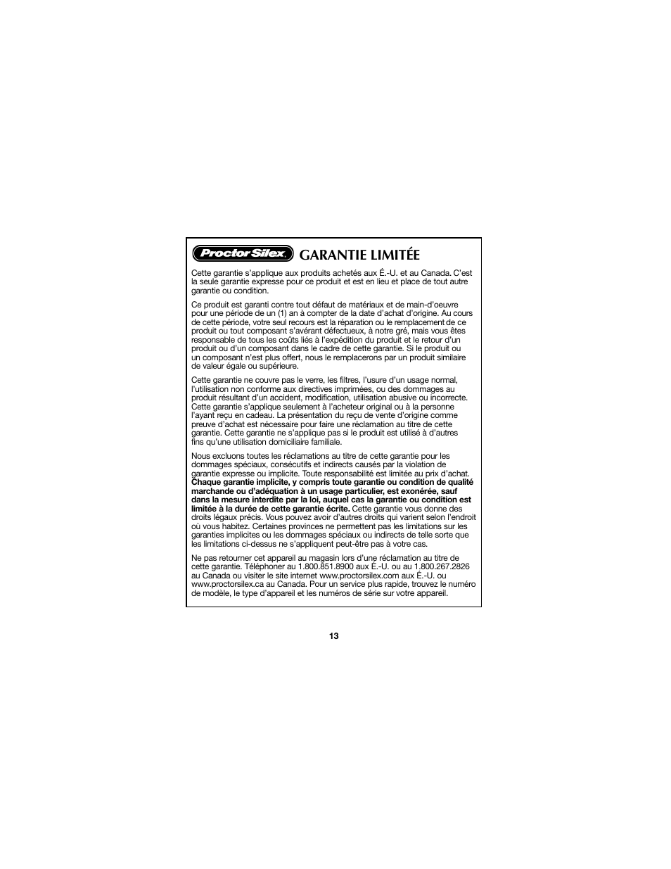 Garantie limitée | Proctor-Silex Roaster Oven Buffet Server Pan-32508Y User Manual | Page 13 / 24