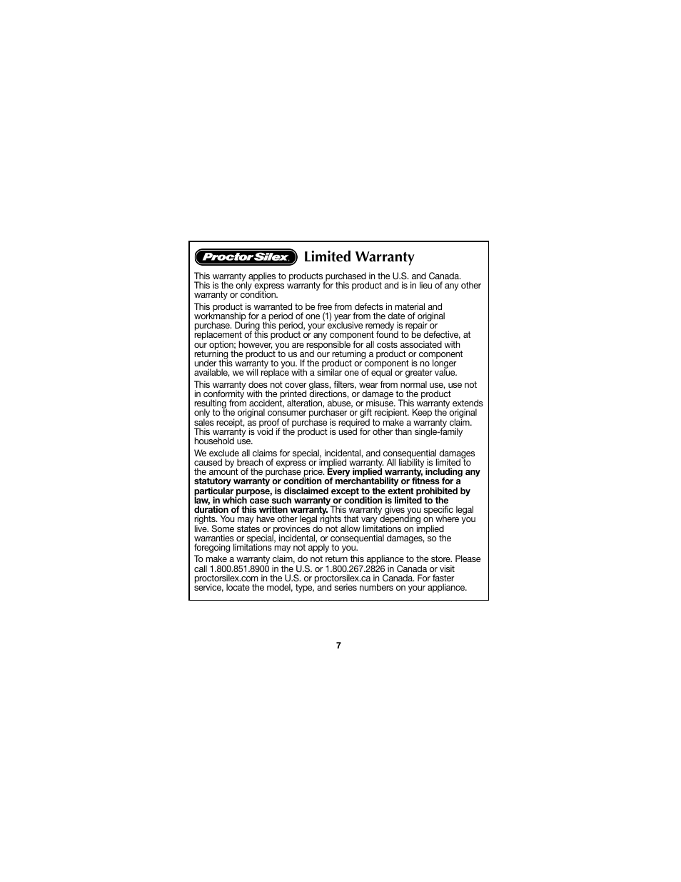Limited warranty | Proctor-Silex Roaster Oven Buffet Server Pan-32508Y User Manual | Page 7 / 24