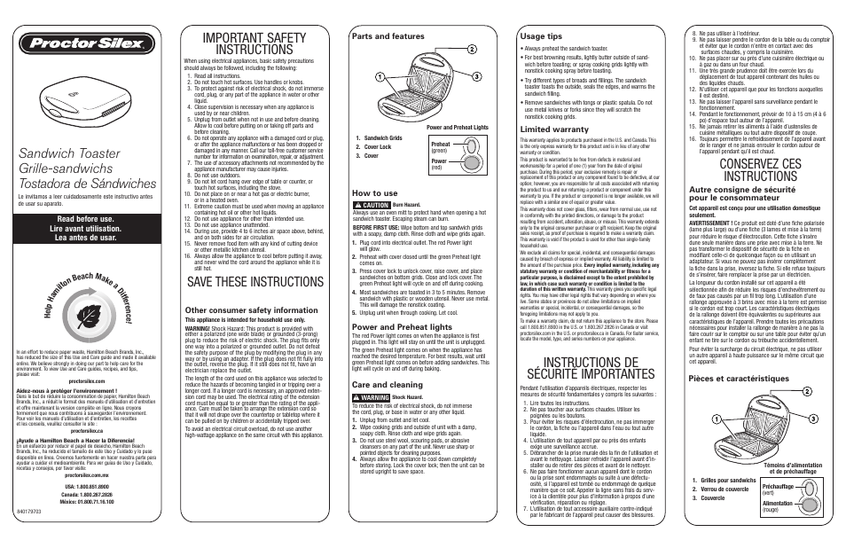 Proctor-Silex Pocket Sandwich Maker-25408Y User Manual | 2 pages