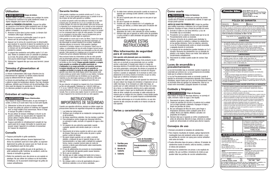 Guarde estas instrucciones, Instrucciones importantes de seguridad, Utilisation | Témoins d’alimentation et de préchauffage, Entretien et nettoyage, Conseils, Más información de seguridad para el consumidor, Partes y características, Como usarlo, Luces de encendido y precalentamiento | Proctor-Silex Pocket Sandwich Maker-25408Y User Manual | Page 2 / 2