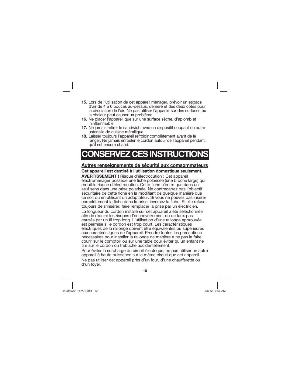 Conservez ces instructions | Proctor-Silex Sandwich Maker-25401P User Manual | Page 10 / 24