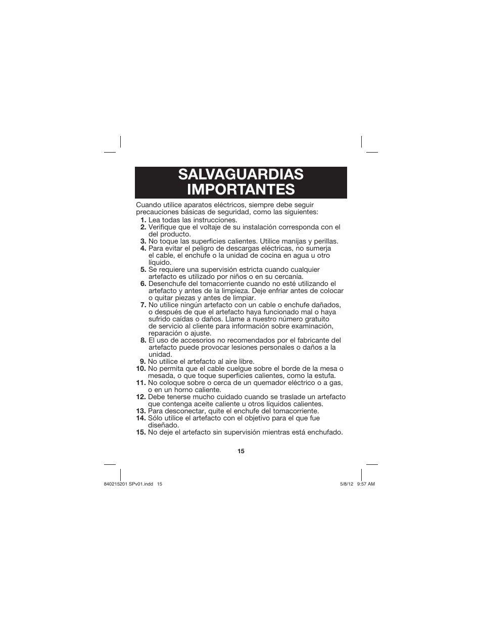 Salvaguardias importantes | Proctor-Silex Sandwich Maker-25401P User Manual | Page 15 / 24