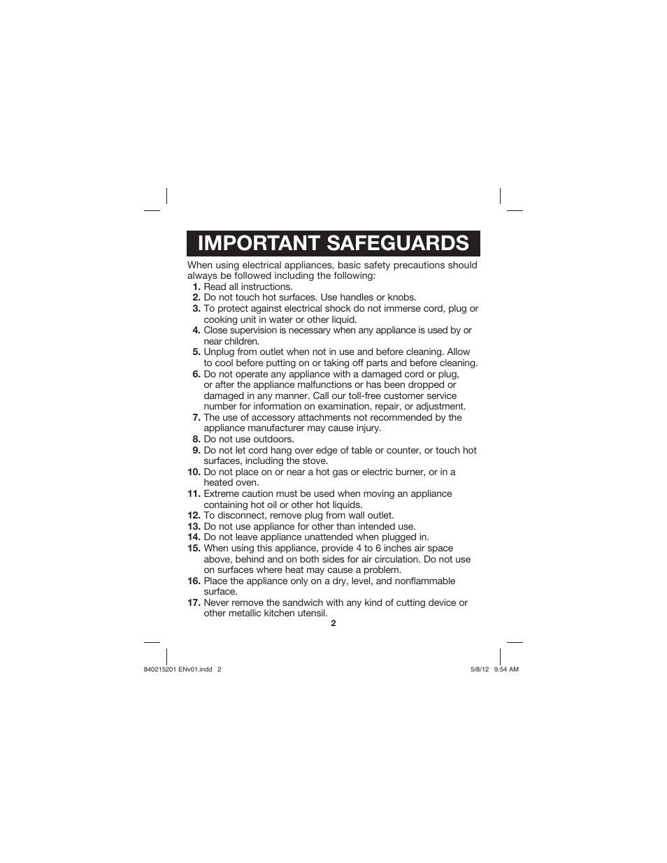 Important safeguards | Proctor-Silex Sandwich Maker-25401P User Manual | Page 2 / 24