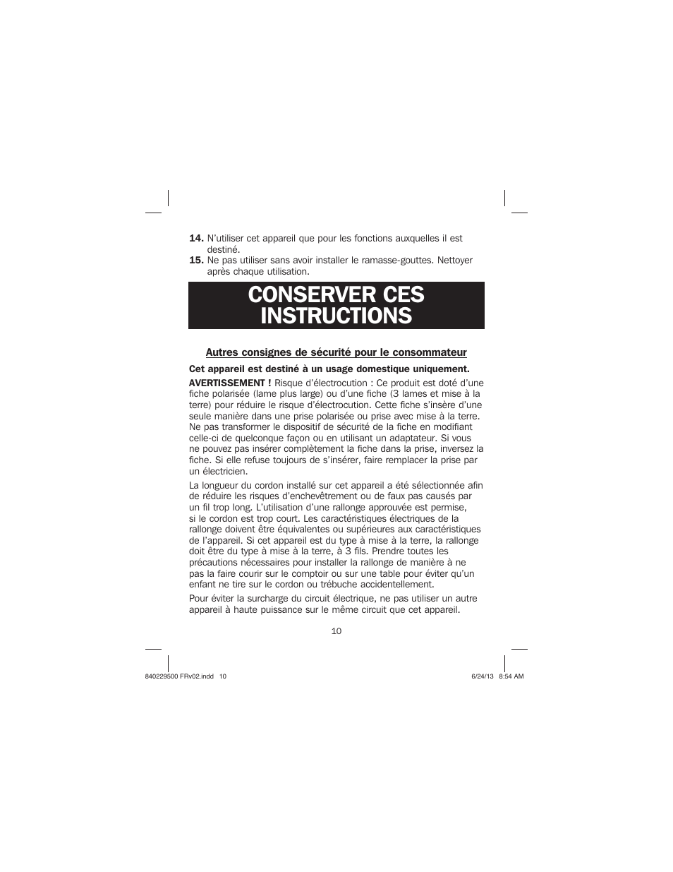 Conserver ces instructions | Proctor-Silex Large Electric Griddle-38516 User Manual | Page 10 / 28