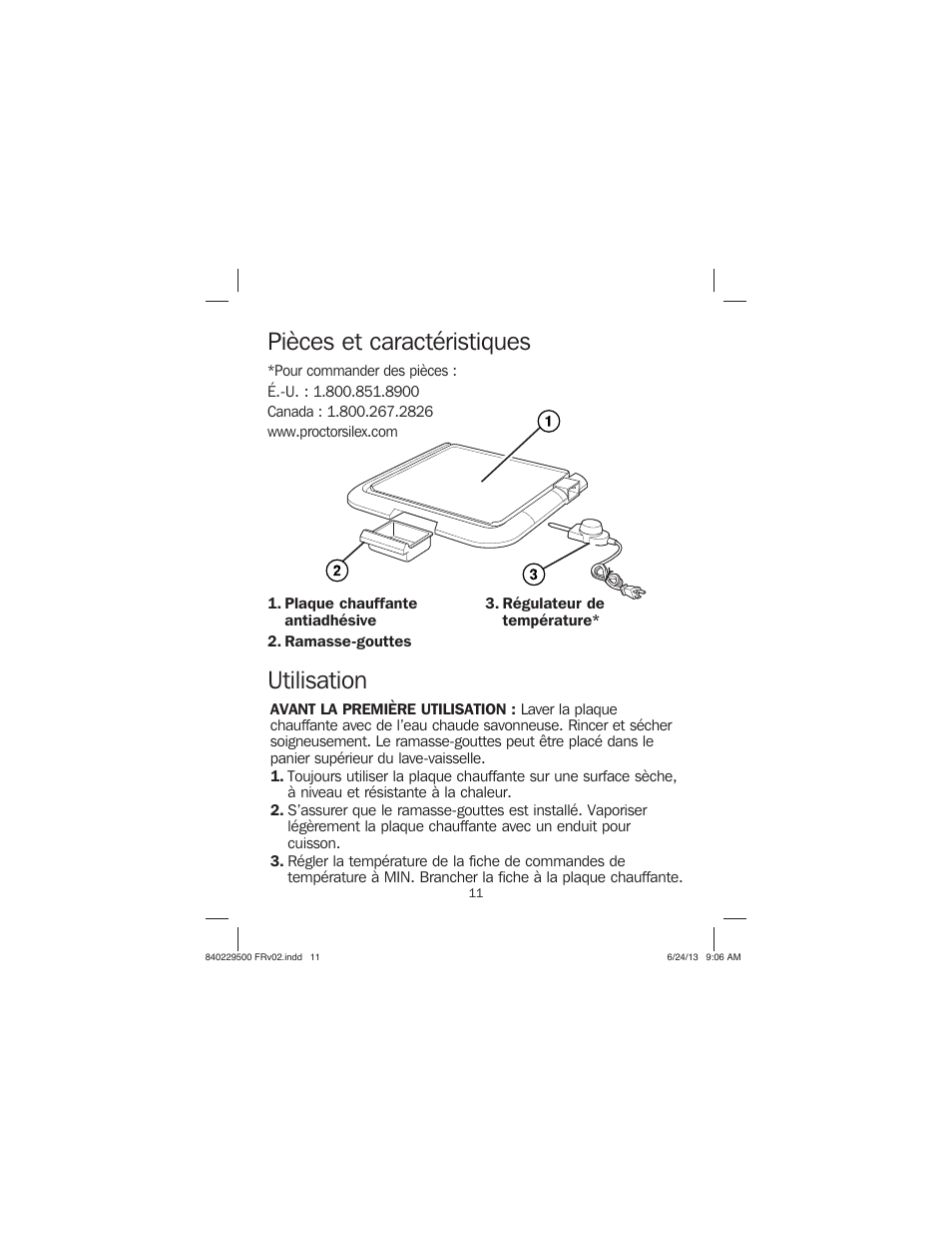 Pièces et caractéristiques utilisation | Proctor-Silex Large Electric Griddle-38516 User Manual | Page 11 / 28