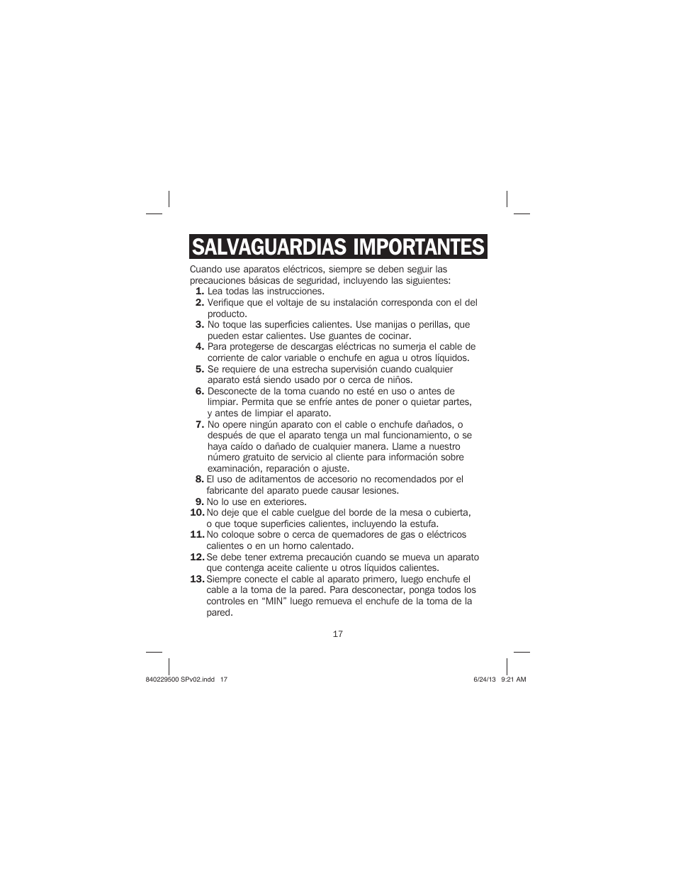 Salvaguardias importantes | Proctor-Silex Large Electric Griddle-38516 User Manual | Page 17 / 28