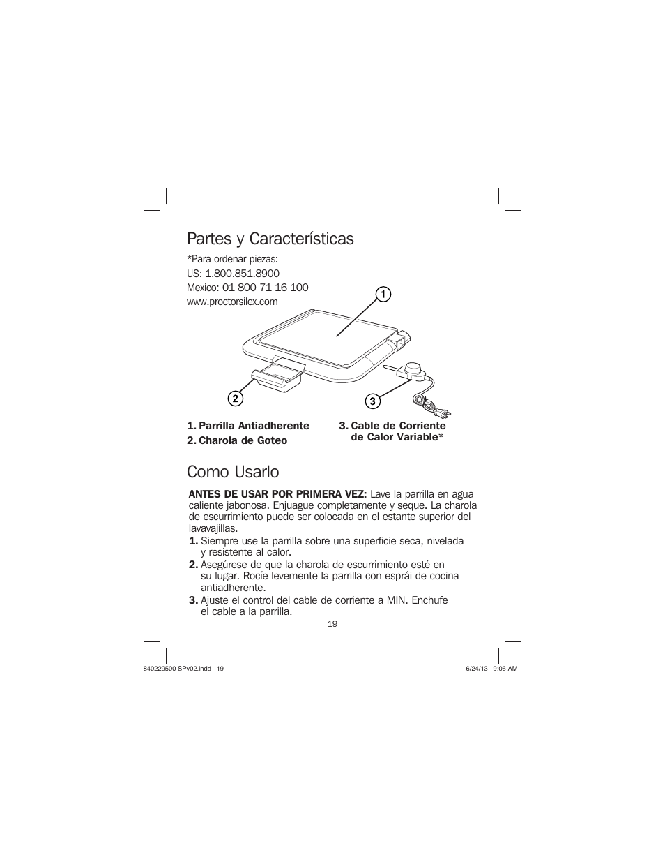 Partes y características como usarlo | Proctor-Silex Large Electric Griddle-38516 User Manual | Page 19 / 28