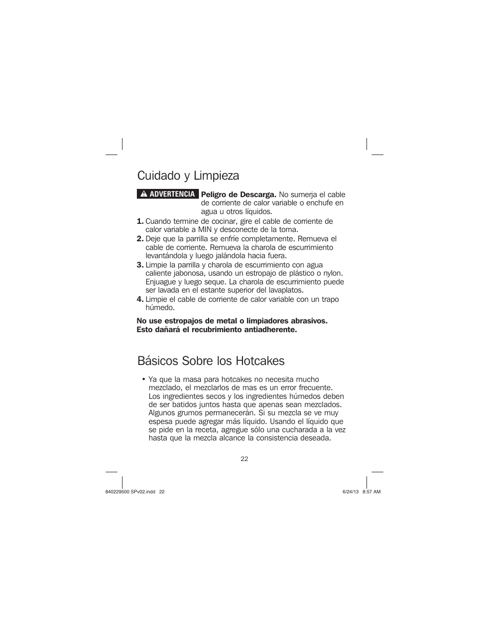Cuidado y limpieza, Básicos sobre los hotcakes | Proctor-Silex Large Electric Griddle-38516 User Manual | Page 22 / 28