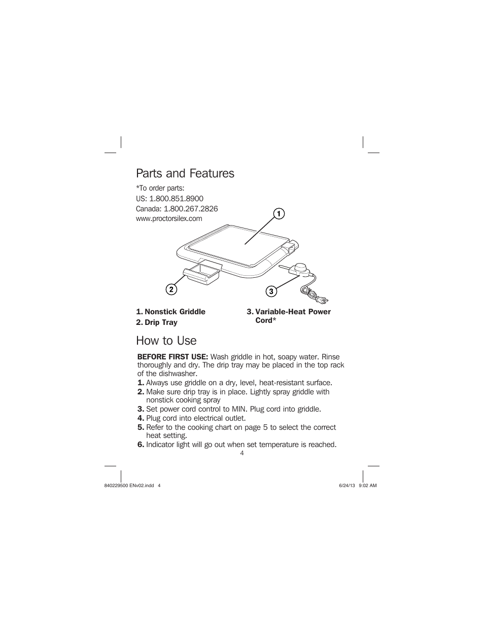 Parts and features how to use | Proctor-Silex Large Electric Griddle-38516 User Manual | Page 4 / 28