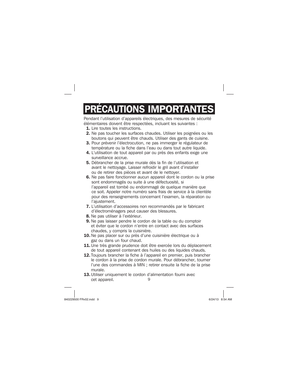 Précautions importantes | Proctor-Silex Large Electric Griddle-38516 User Manual | Page 9 / 28